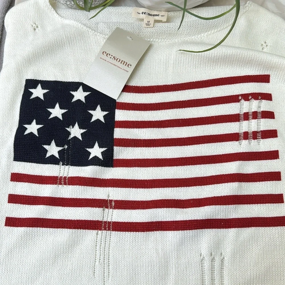 NWT Ivory Distressed American Flag Lightweight Long Sleeve Sweater - Picture 3 of 6